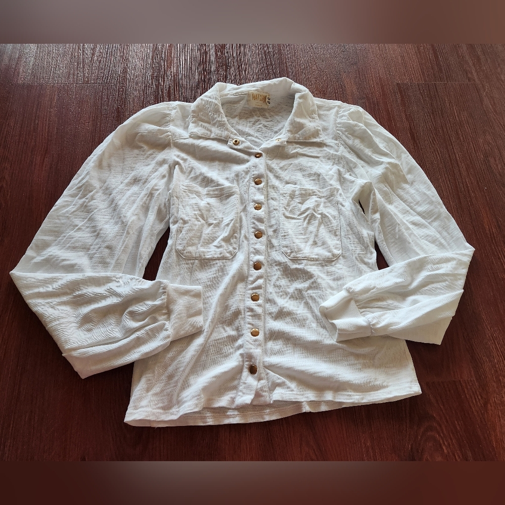 Nation LTD White Puff Long Sleeve Button Down Shirt Collared Juniper Desta